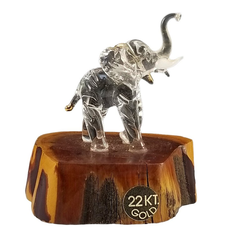 Collectible Miniature Lucky Elephant Hand Blown Art Glass Figurine w 22KT.Gold
